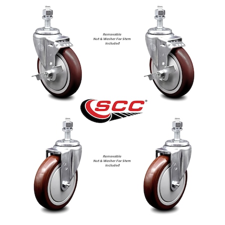 Service Caster 5 Inch Maroon Polyurethane Swivel 12mm Threaded Stem Caster Brakes SCC, 2PK SCC-TS20S514-PPUB-MRN-TLB-M1215-2-S2